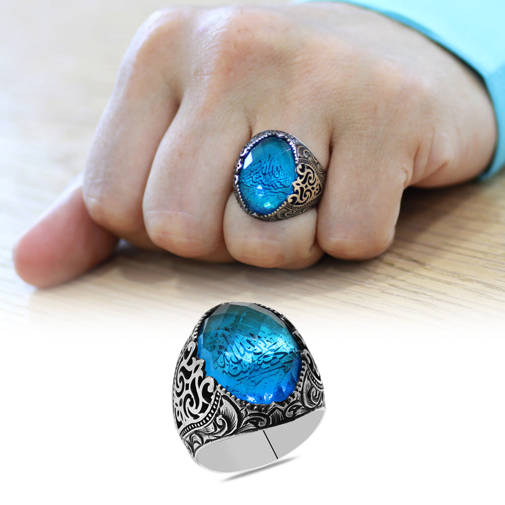 Silver Men Ring with Facet Turquoise Zircon Stone and Calligraphy