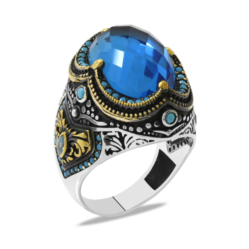Facet Turquoise Zircon Stone Crown Design 925 Sterling Silver Men's Ring