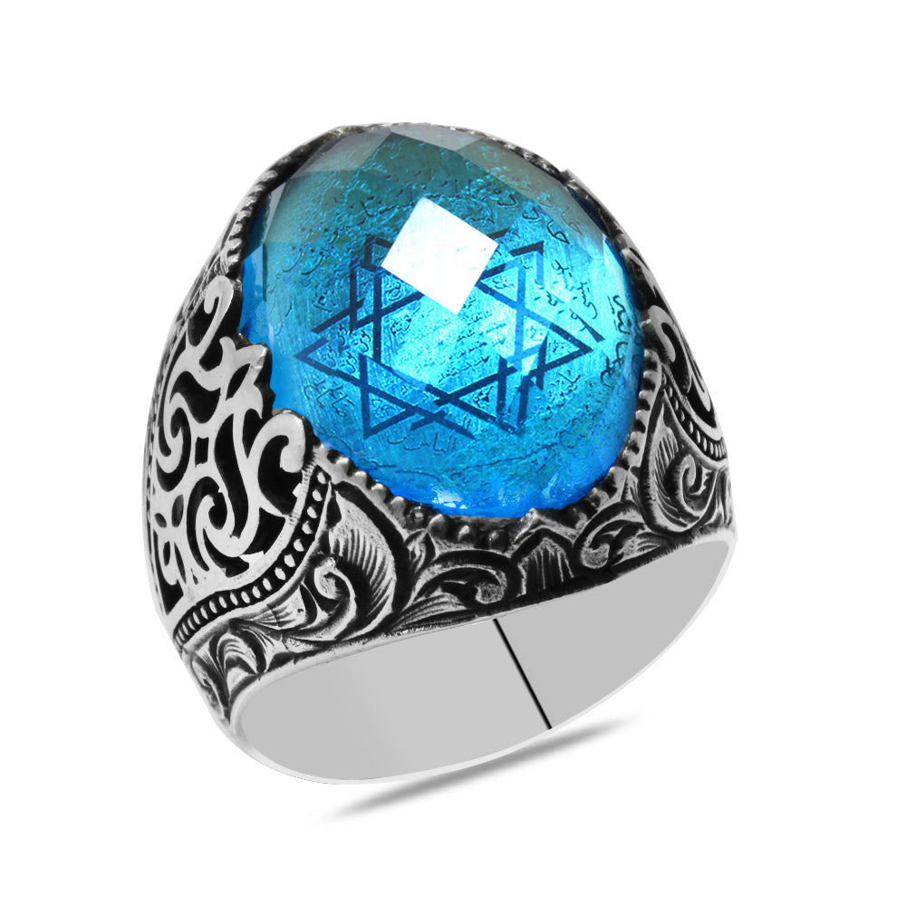 Turquoise Zircon Stone Seal of Solomon Embroidered Silver Men Ring