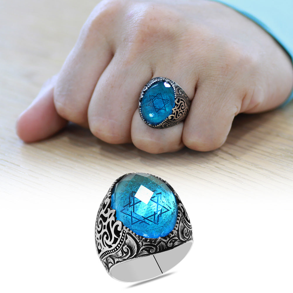 Turquoise Zircon Stone Seal of Solomon Embroidered Silver Men Ring