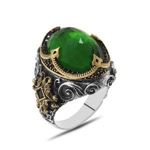 Facet Green Zircon Stone King Crown Design 925 Sterling Silver Men's Ring