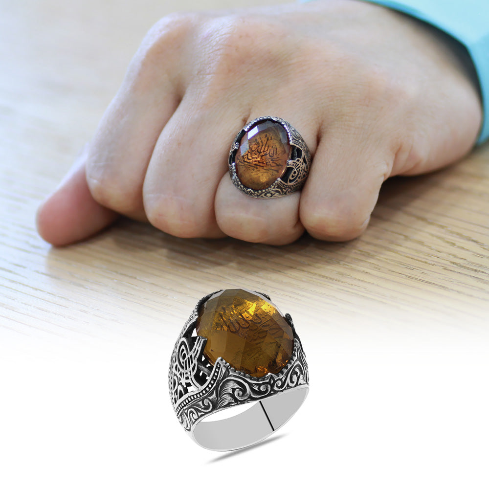 Silver Men Ring with Facet Zultanite Stone and Calligraphy