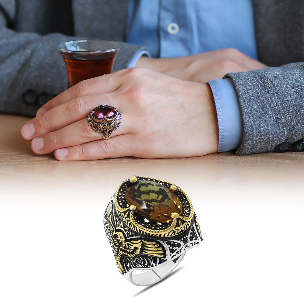 925 Sterling Silver Men's Ring with Zultanite Stone and Eagle Wing