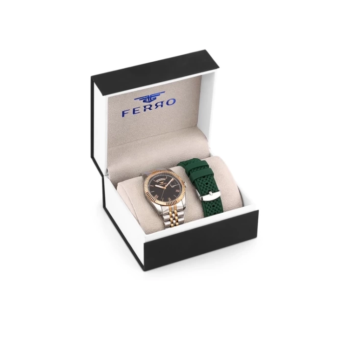 Ferro Steel-Silicone Interchangeable Silver-Green Double Strand Men's Wristwatch