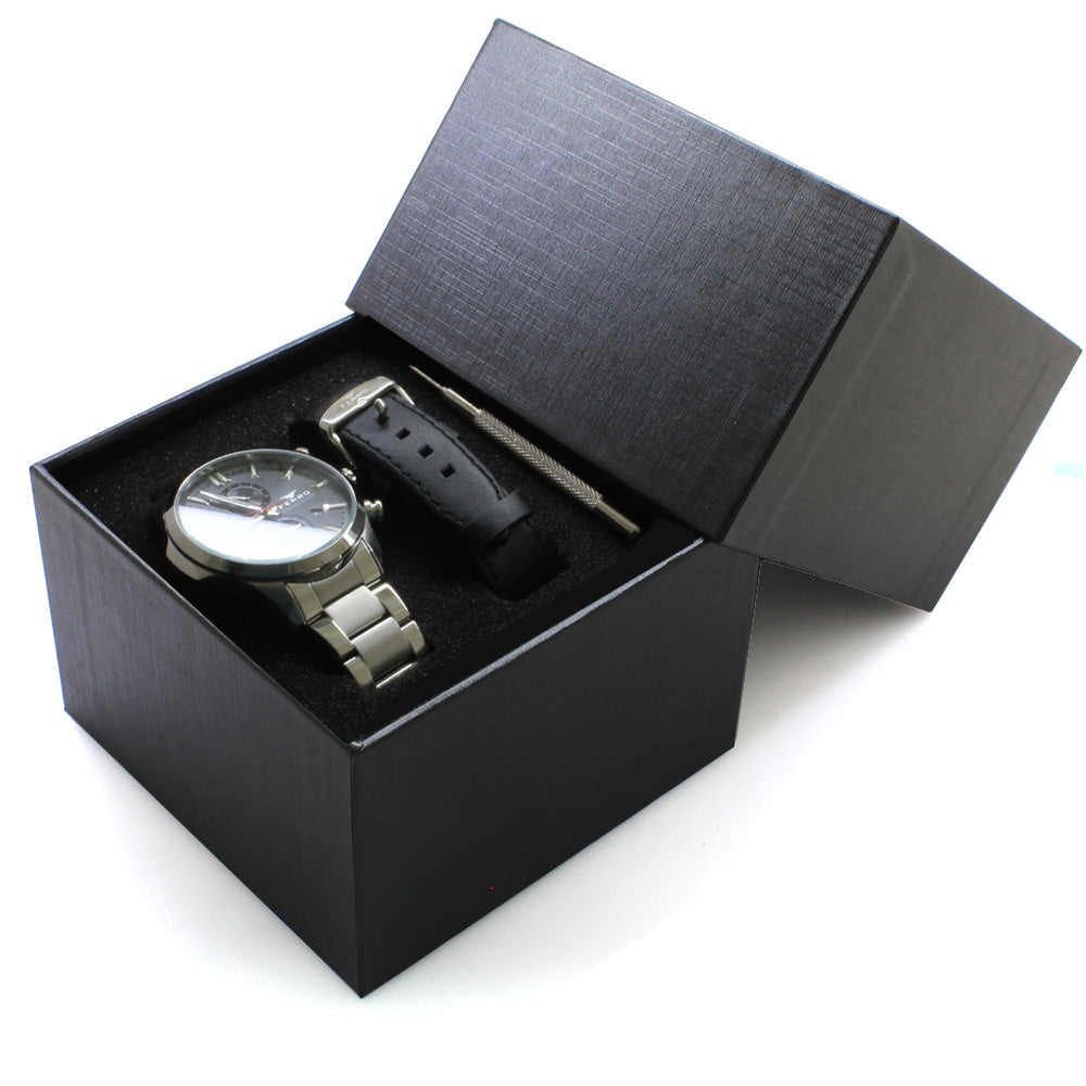 Ferro Silver & Black Men's Wristwatch with Interchangeable Strap
