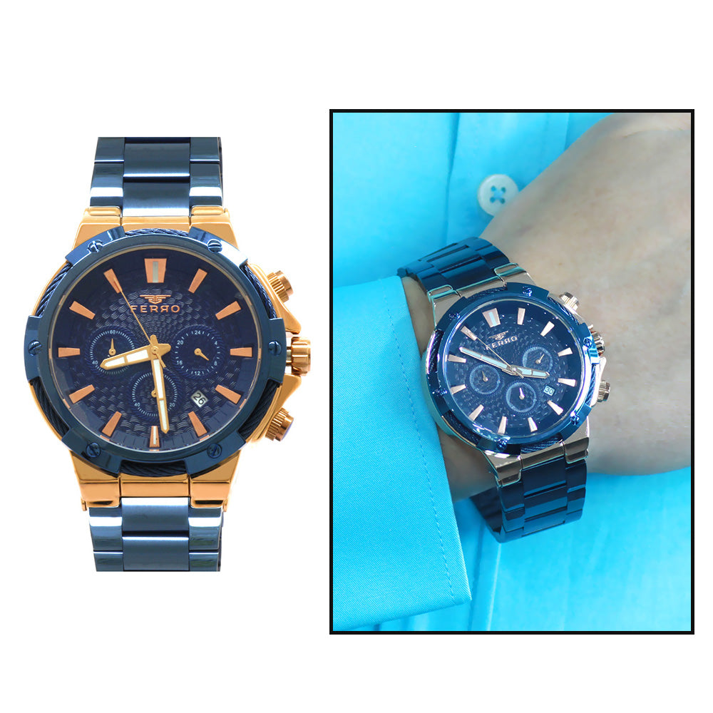 Ferro Navy Blue Color Steel Strap Men's Wristwatch