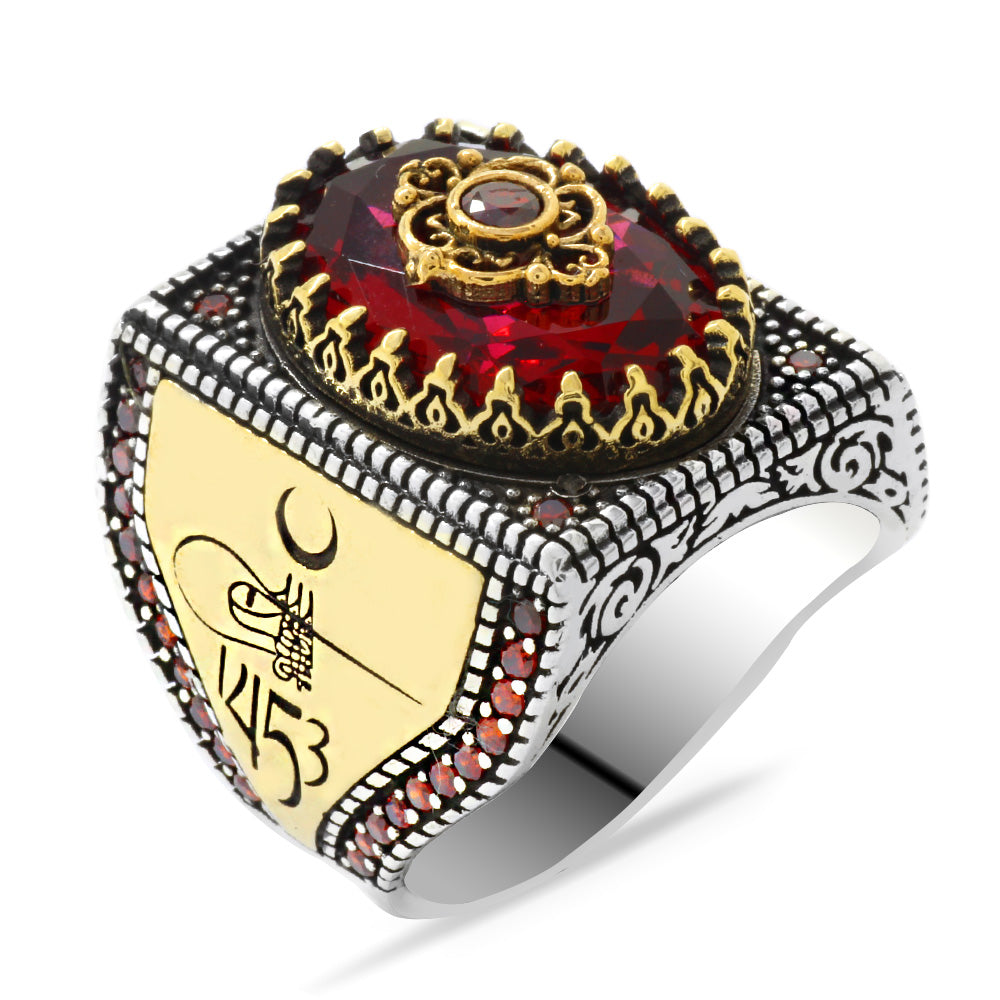 Conquest Red Zircon Stone 925 Sterling Silver Men's Ring
