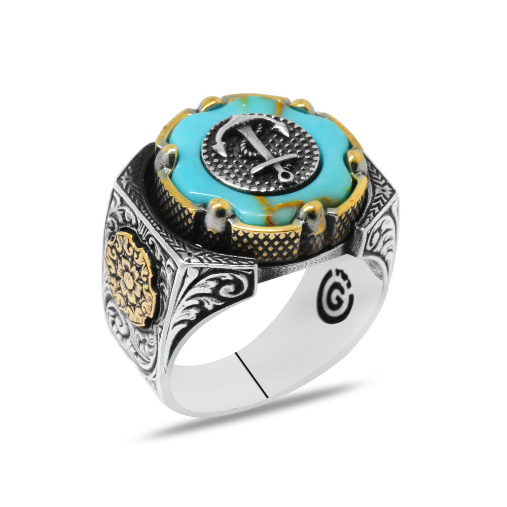 Turquoise Stone Anchor Silver Men Ring