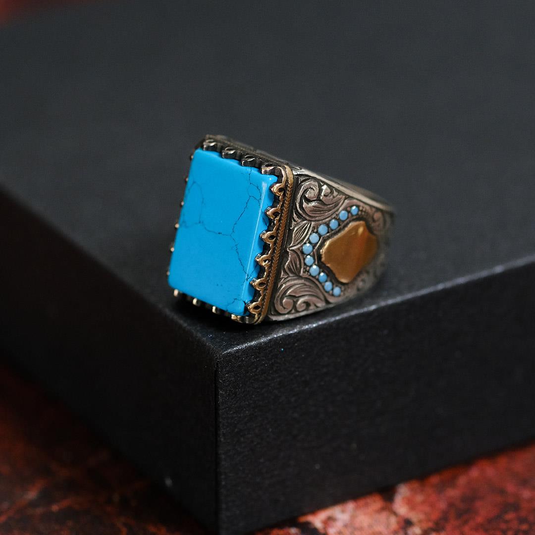 Turquoise Stone Engraving Pattern 925 Sterling Silver Men's Ring 1