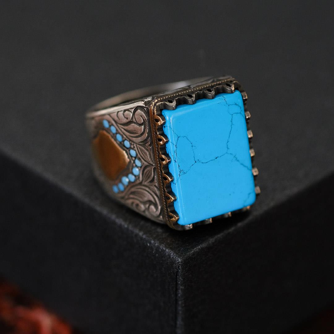 Turquoise Stone Engraving Pattern 925 Sterling Silver Men's Ring 2