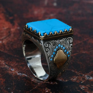 Turquoise Stone Engraving Pattern 925 Sterling Silver Men's Ring 4
