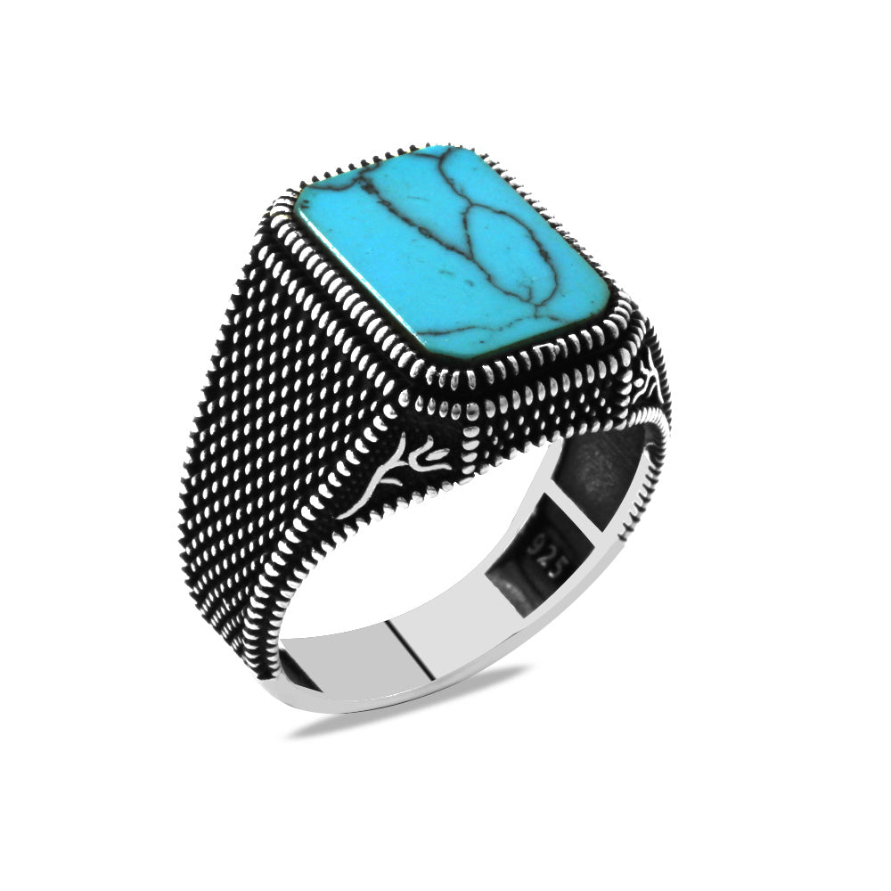 Turquoise Stone Tulip Embroidered 925 Sterling Silver Men's Ring