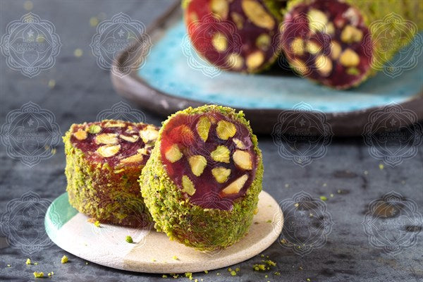 pomegranate turkish delight with powdered pistachio