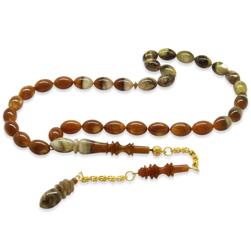 Gold Color 925 Sterling Silver Tassels, Master Workmanship, Barley Cut, Pearlescent, Filtered Brown-White-Green Catalin Prayer Beads