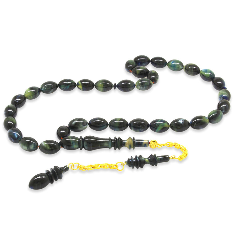 Gold Color 925 Sterling Silver Tassel Turquoise-Black Catalin Prayer Beads