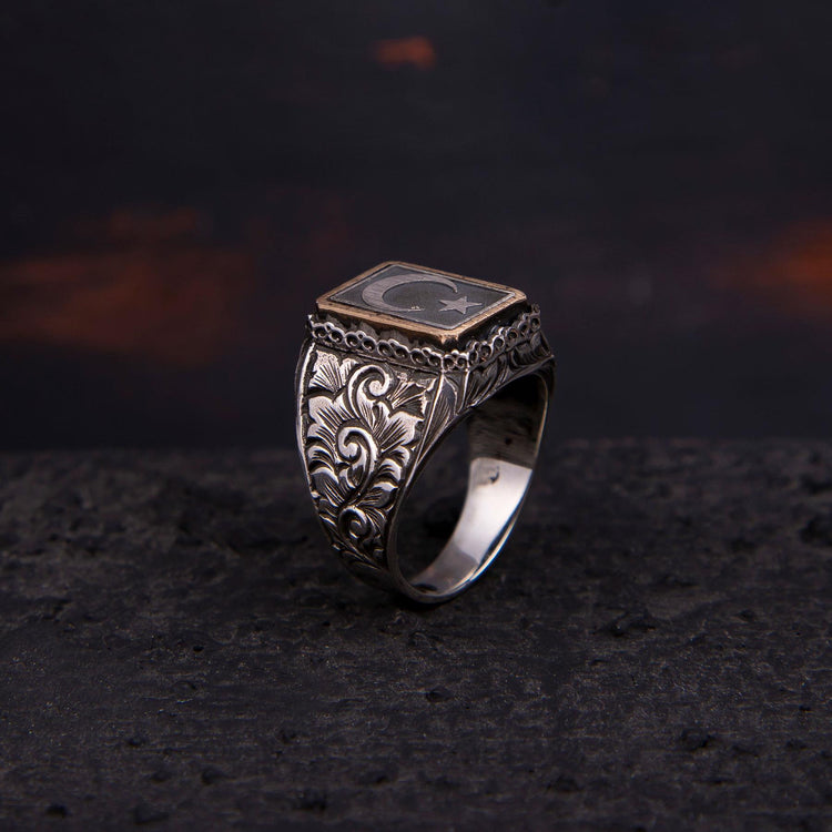 Engraving Patterned Star and Crescent Small Silver Men's Ring 2