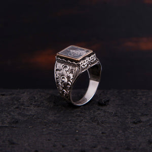 Ve Tesbih Engraving Patterned Tugra Small Silver Men's Ring 2