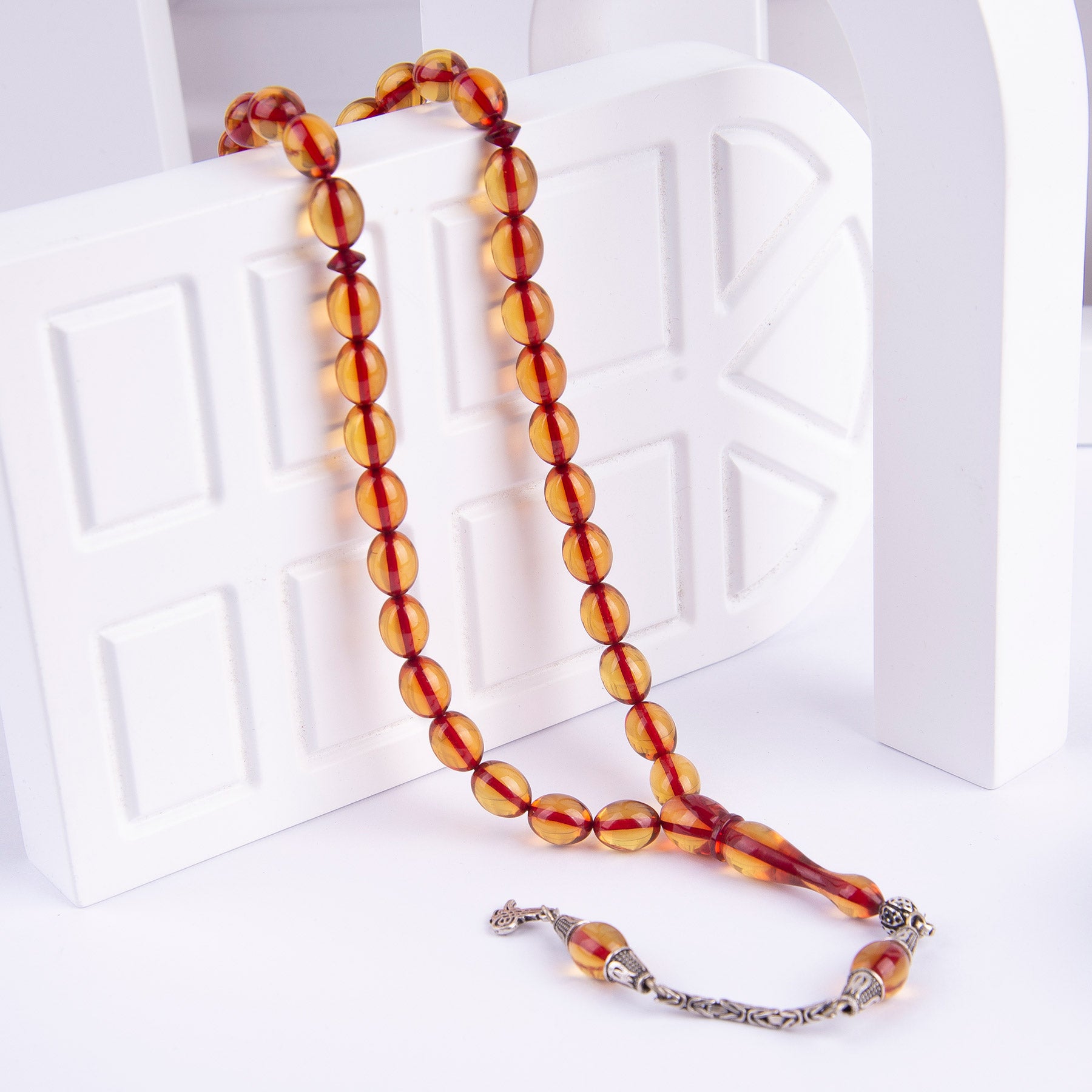 Ve Tesbih Solid Cut Fire Amber Rosary with Silver Tassels 1