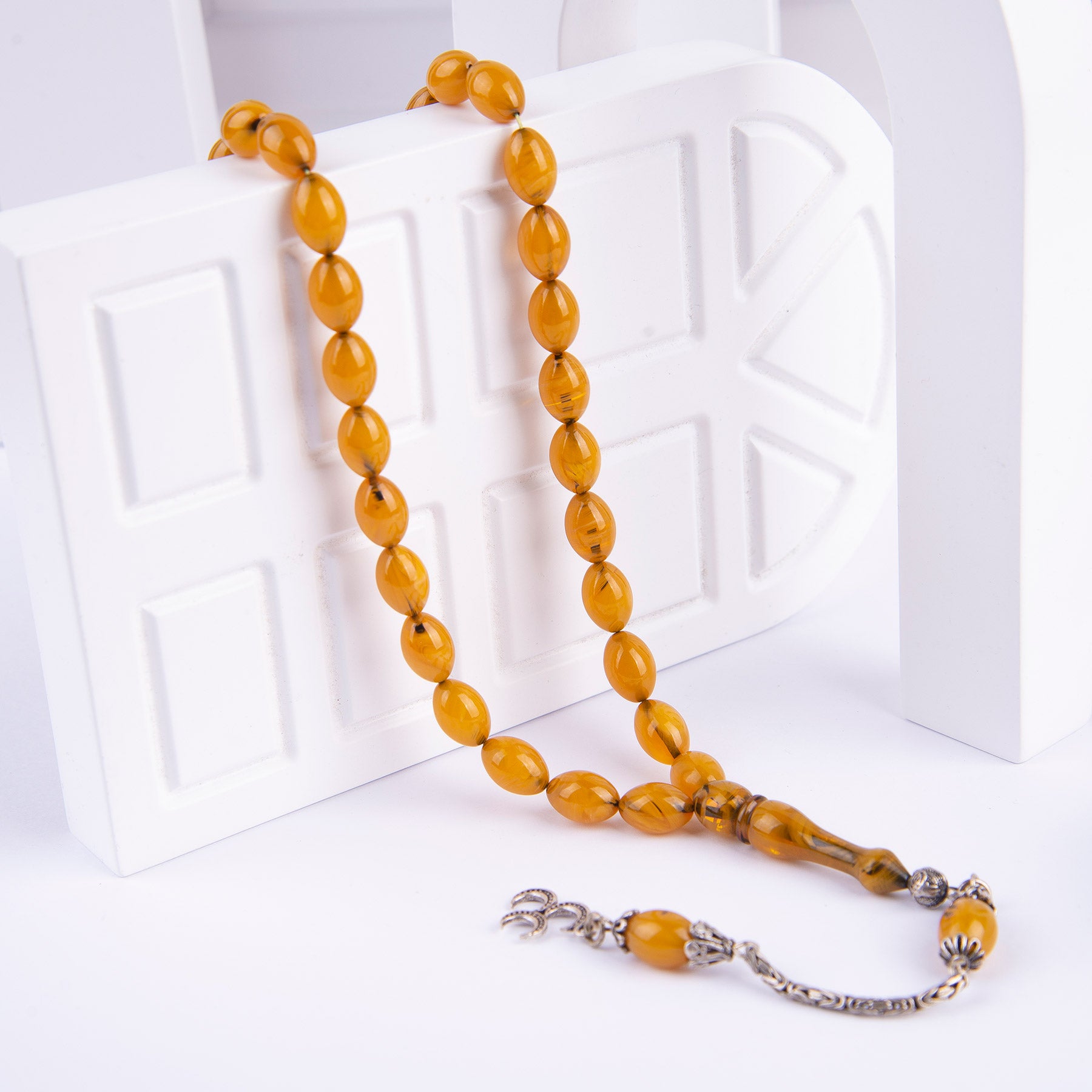 Ve Tesbih Solid Cut Crimped Amber Rosary with Silver Tassels1