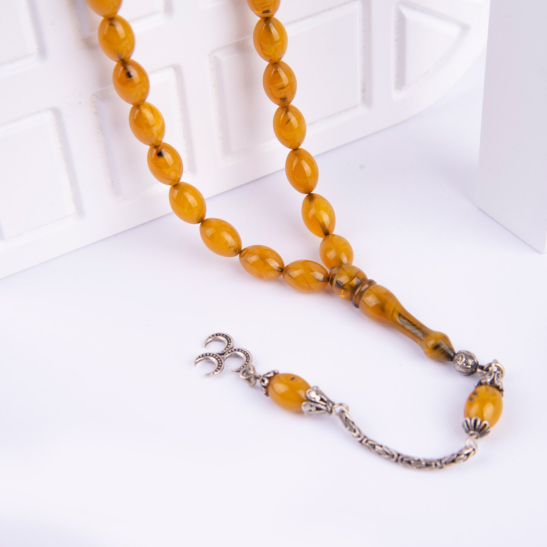 Ve Tesbih Solid Cut Crimped Amber Rosary with Silver Tassels 2