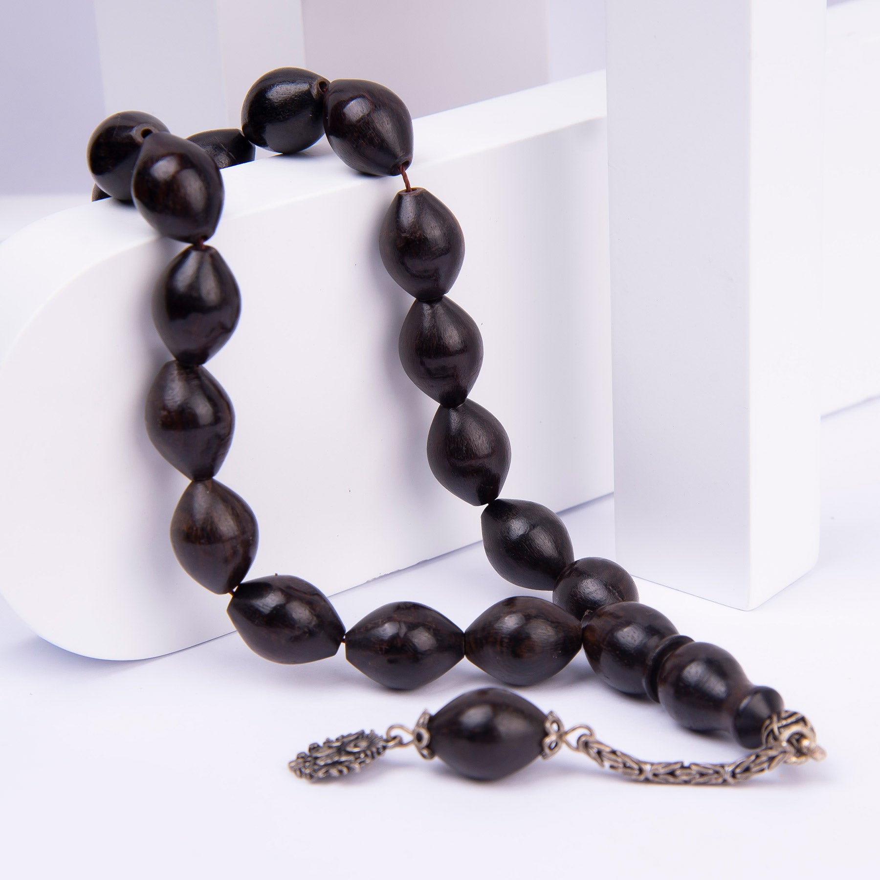 Ve Tesbih Ebony Wood Prayer Beads with Silver Tassels 1