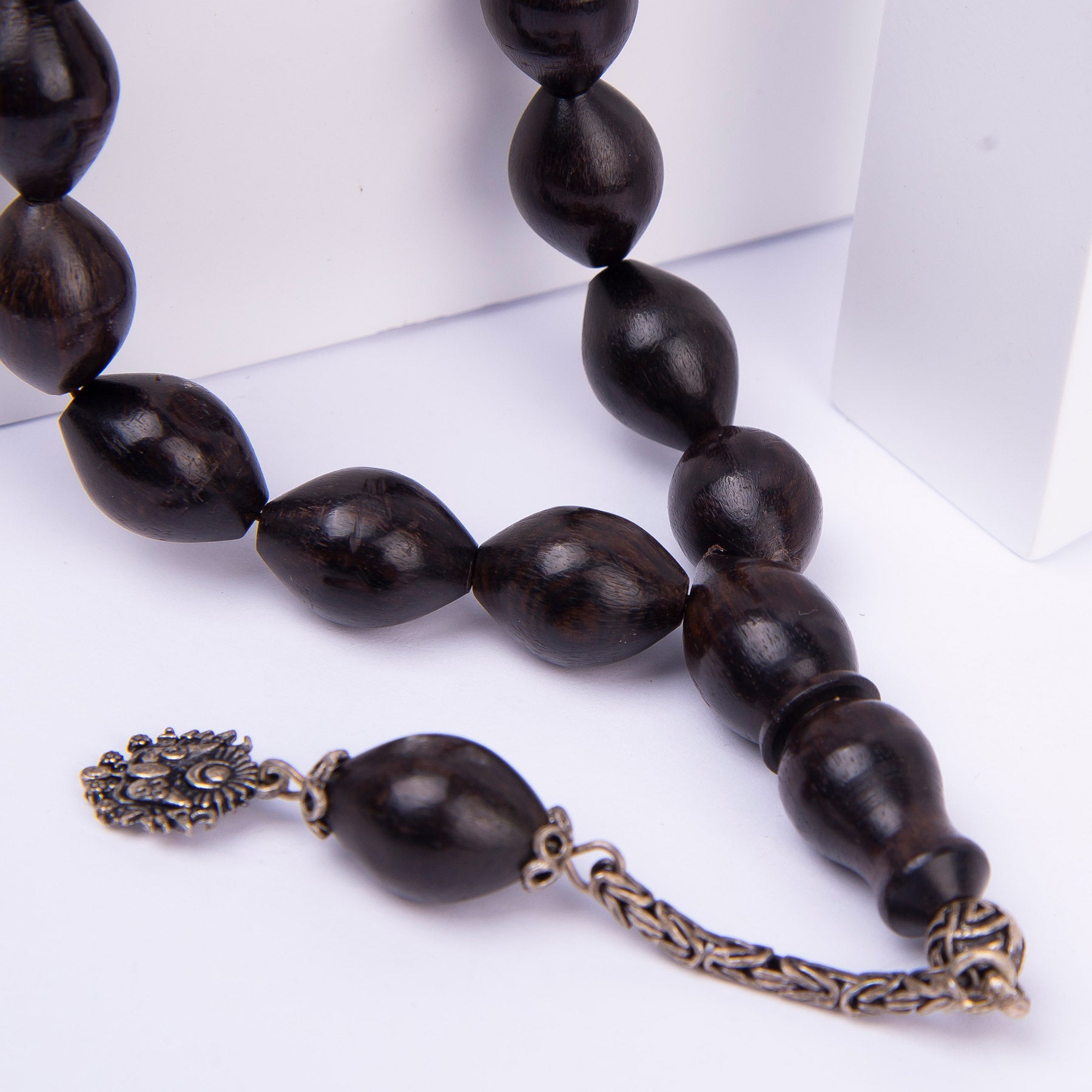 Ve Tesbih Ebony Wood Prayer Beads with Silver Tassels 2