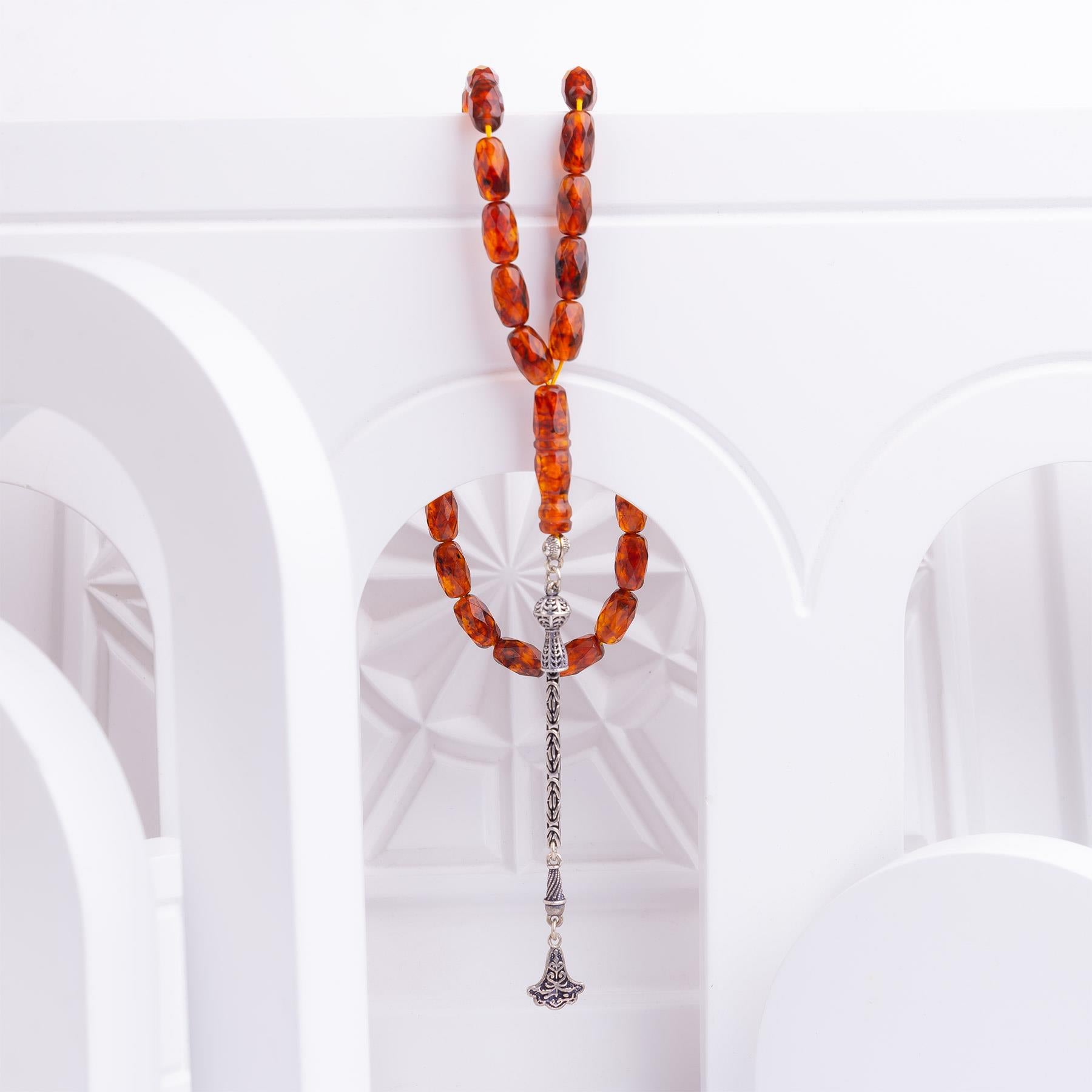 Ve Tesbih Faceta Cut Polish Drop Amber Rosary with Silver Tassels 2