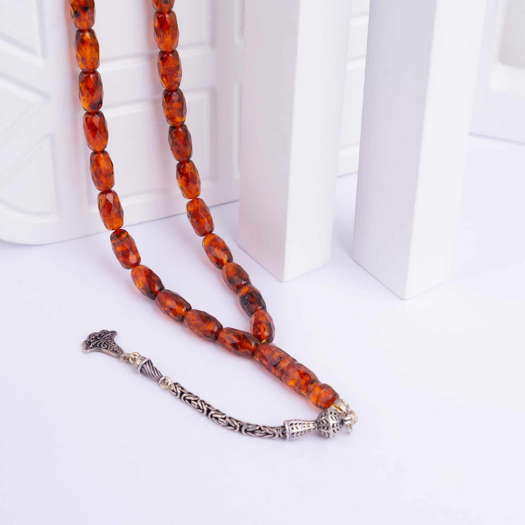 Ve Tesbih Faceta Cut Polish Drop Amber Rosary with Silver Tassels 3