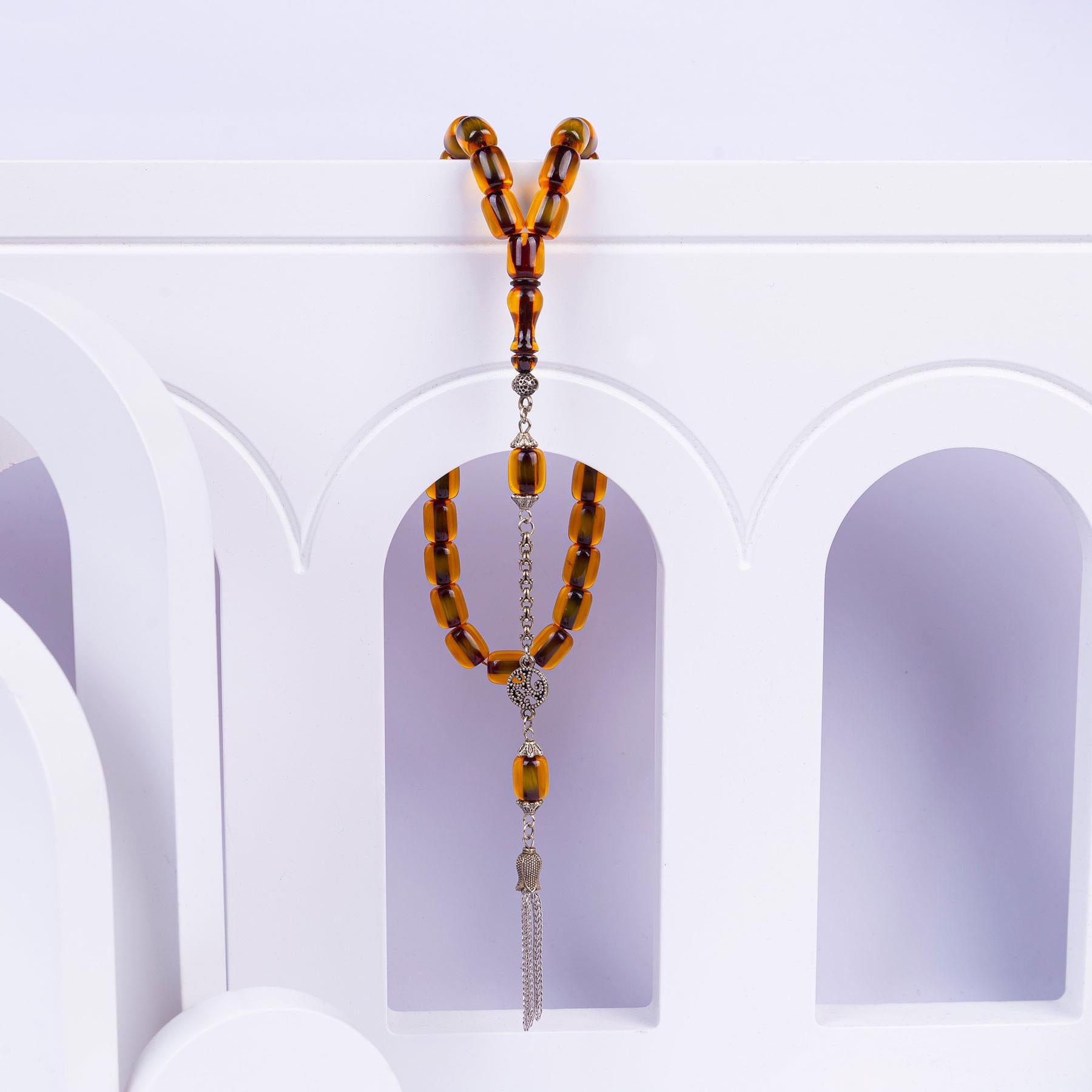 Ve Tesbih Capsule Cut Fire Amber Rosary with Silver Tassels 2