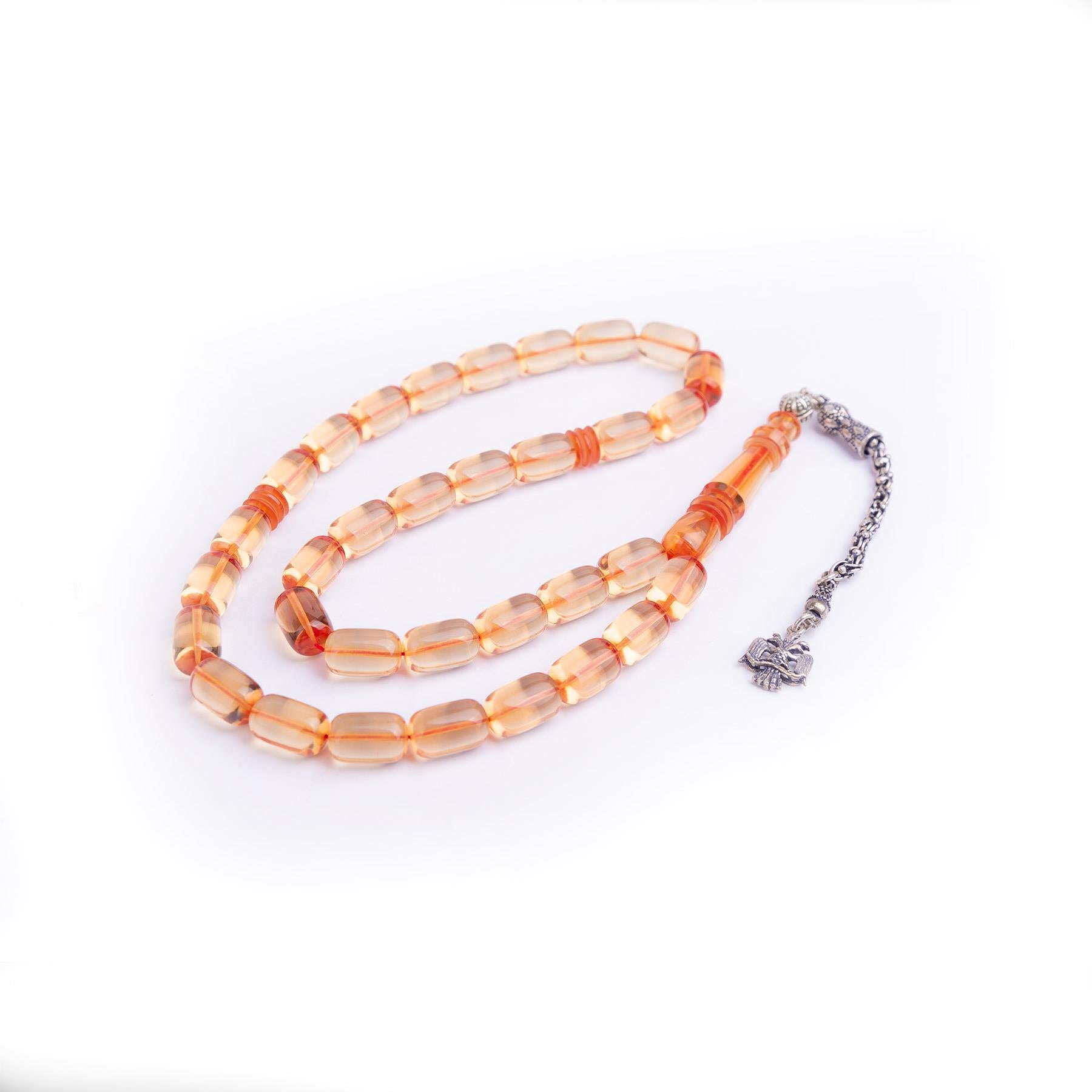 Ve Tesbih Capsule Cut Fire Amber Rosary with Silver Tassels 4