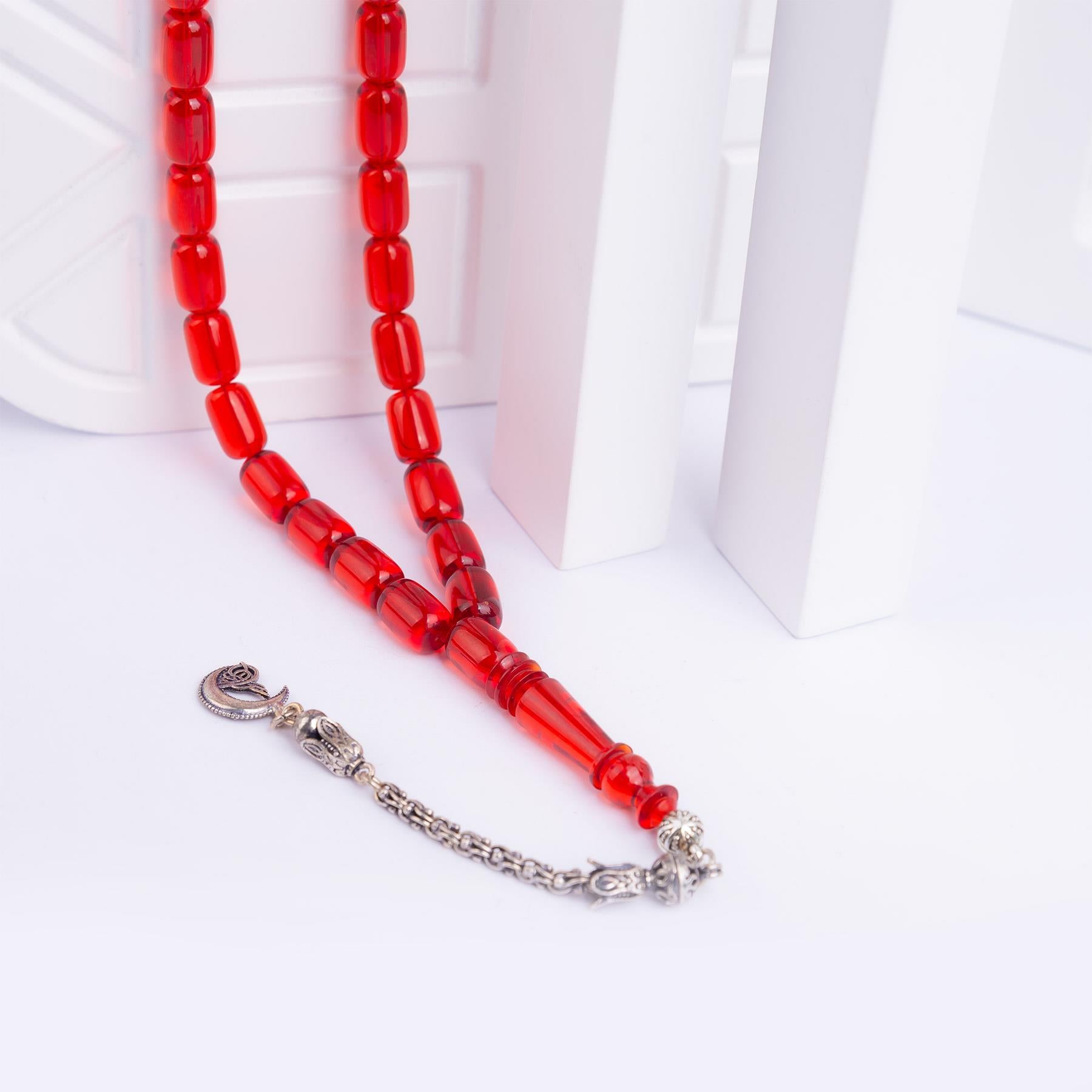 Ve Tesbih Capsule Cut Fire Amber Rosary with Silver Tassels 3