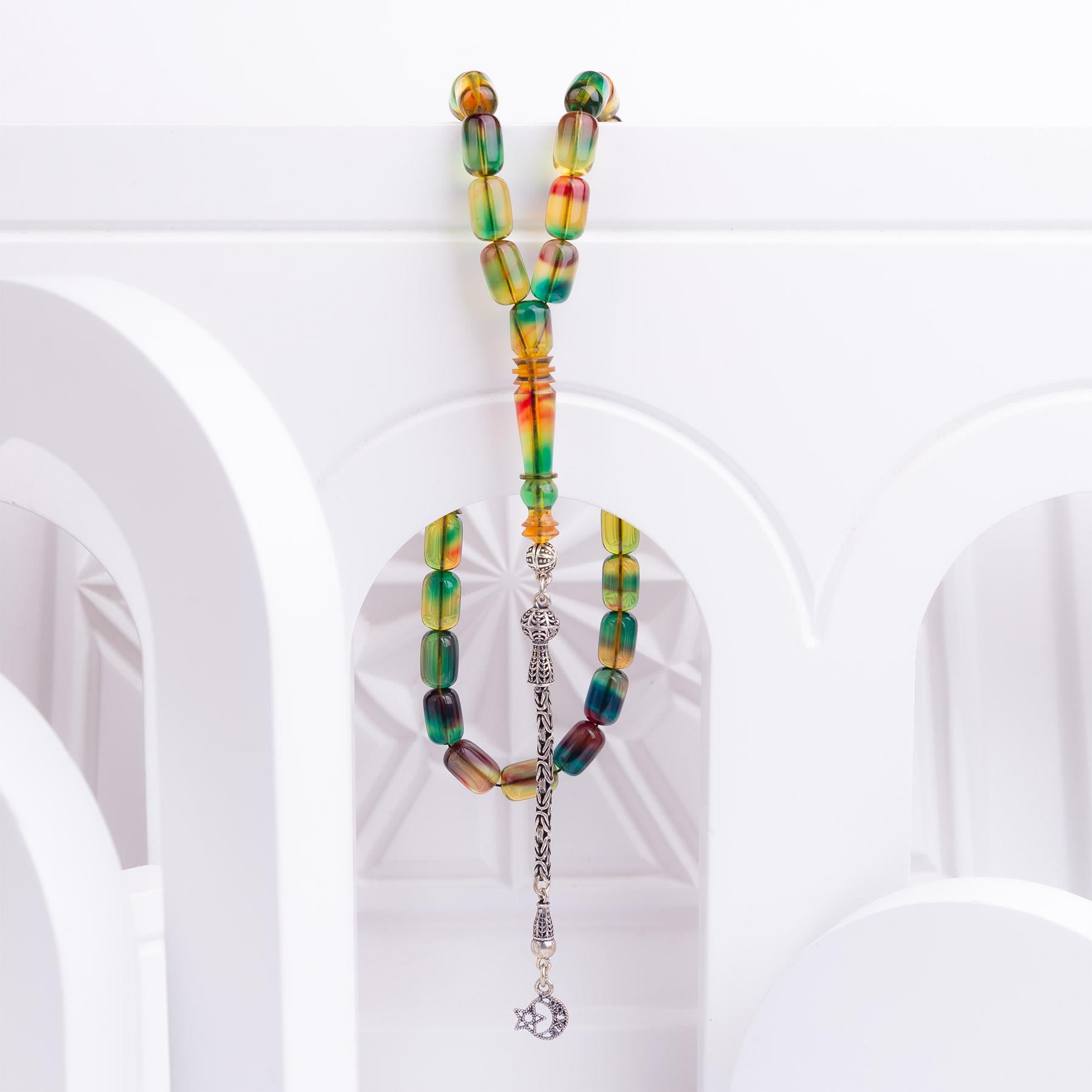 Ve Tesbih Capsule Cut Colorful Fire Amber Rosary with Silver Tassels