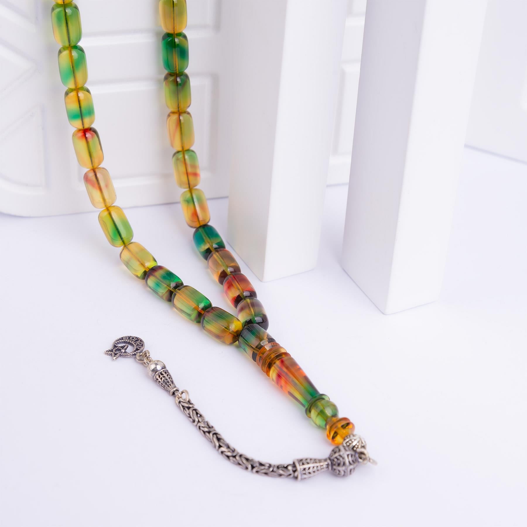 Capsule Cut Fire Amber Rosary with Silver Tassels 3Ve Tesbih Capsule Cut Colorful Fire Amber Rosary with Silver Tassels