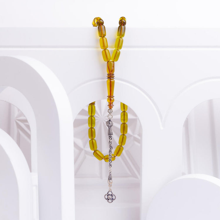 Ve Tesbih Capsule Cut Fire Amber Rosary with Silver Tassels 2