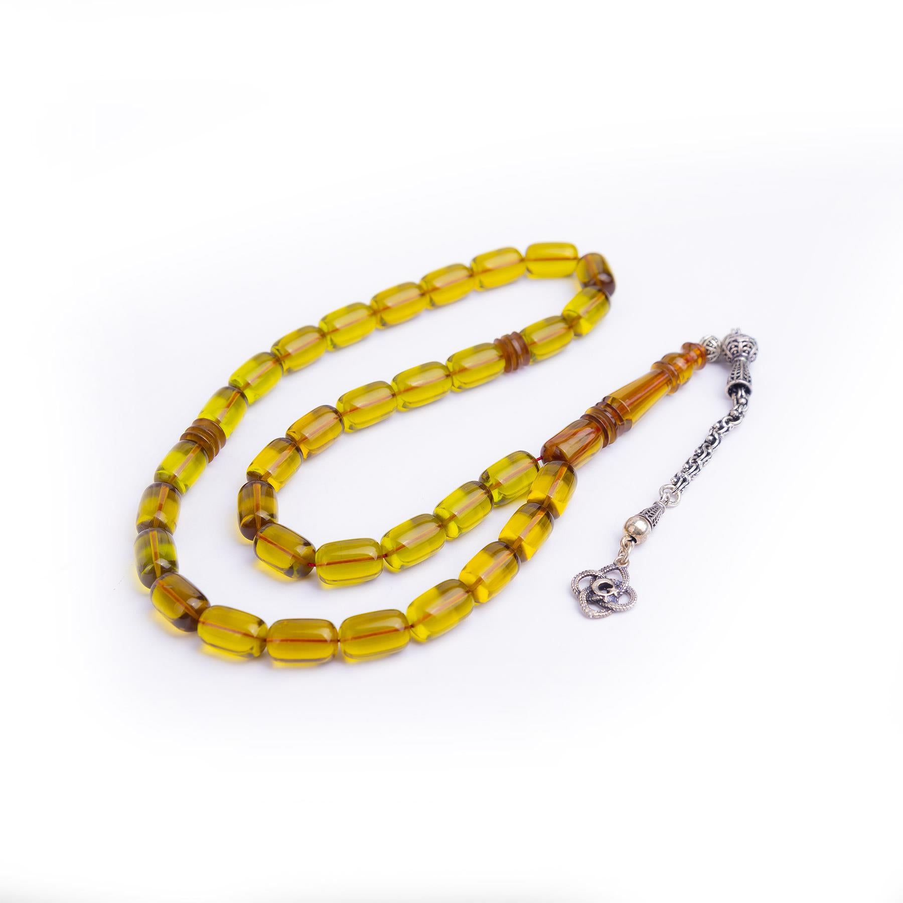 Ve Tesbih Capsule Cut Fire Amber Rosary with Silver Tassels 4
