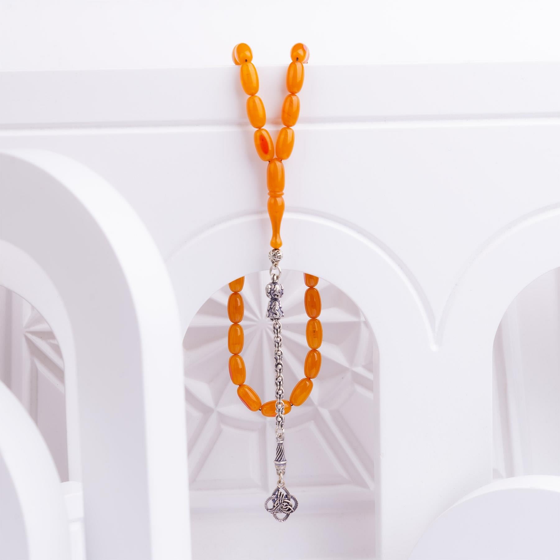 Ve Tesbih Silver Tasseled Capsule Cut Patinated Amber Rosary 2