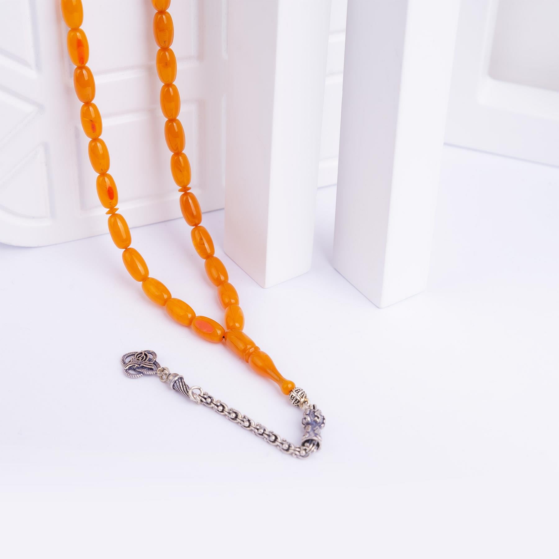 Ve Tesbih Silver Tasseled Capsule Cut Patinated Amber Rosary 3