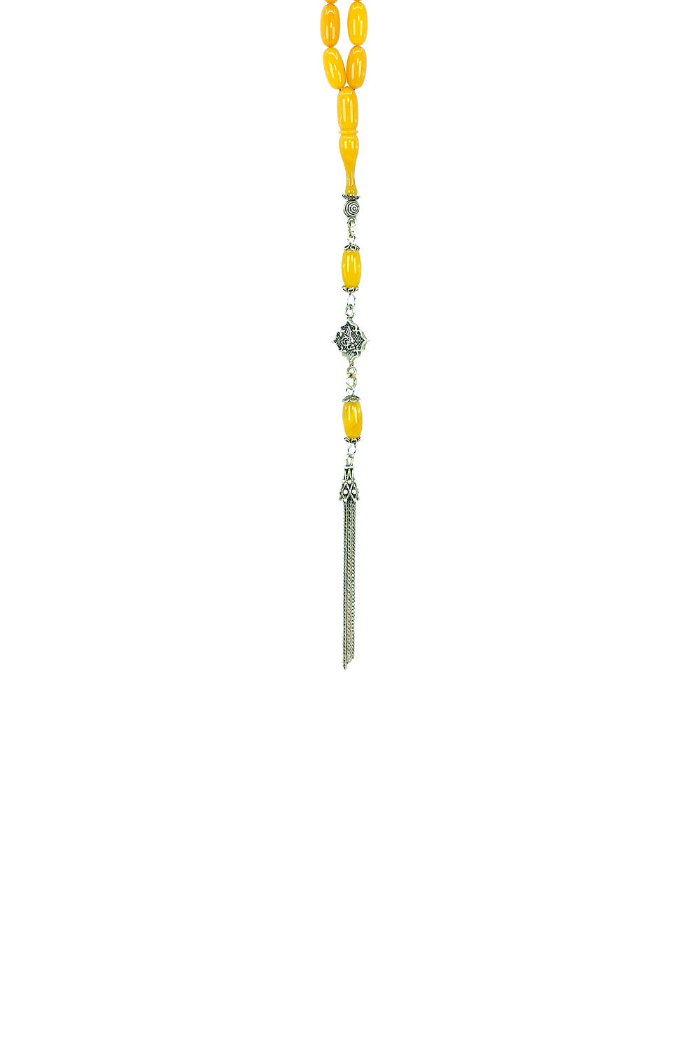 Ve Tesbih Silver Tasseled Capsule Cut Patinated Amber Rosary  2