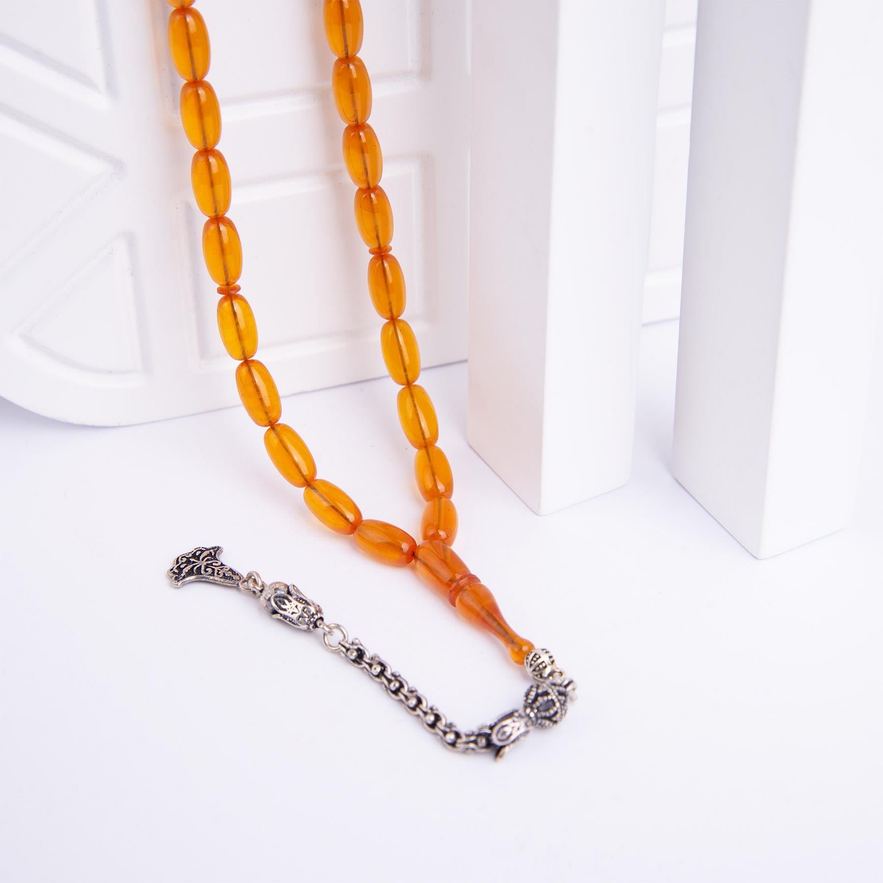 Ve Tesbih Silver Tasseled Capsule Cut Crimped Amber Rosary 3