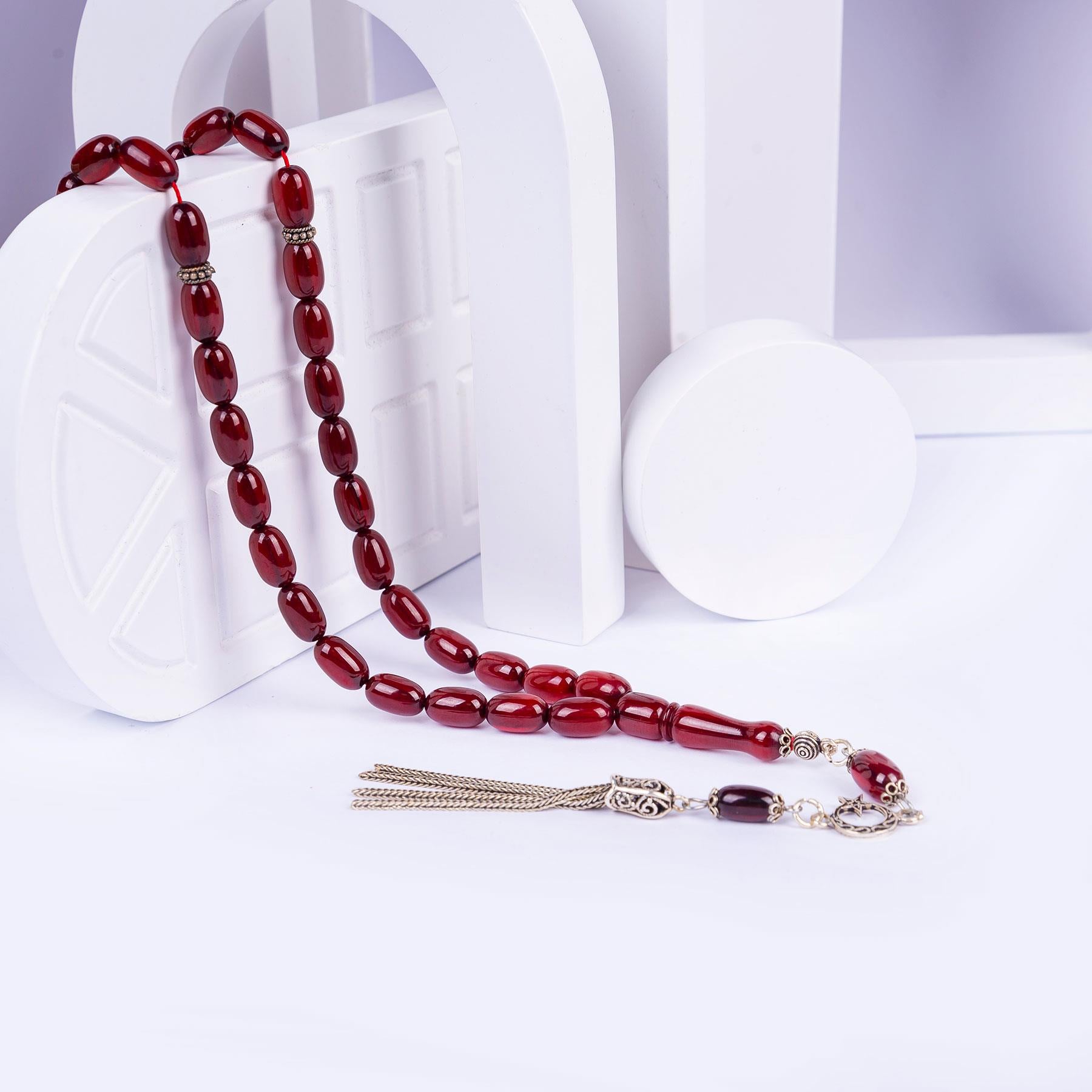 Silver Tasseled Capsule Model Crimped Amber Prayer Beads 1