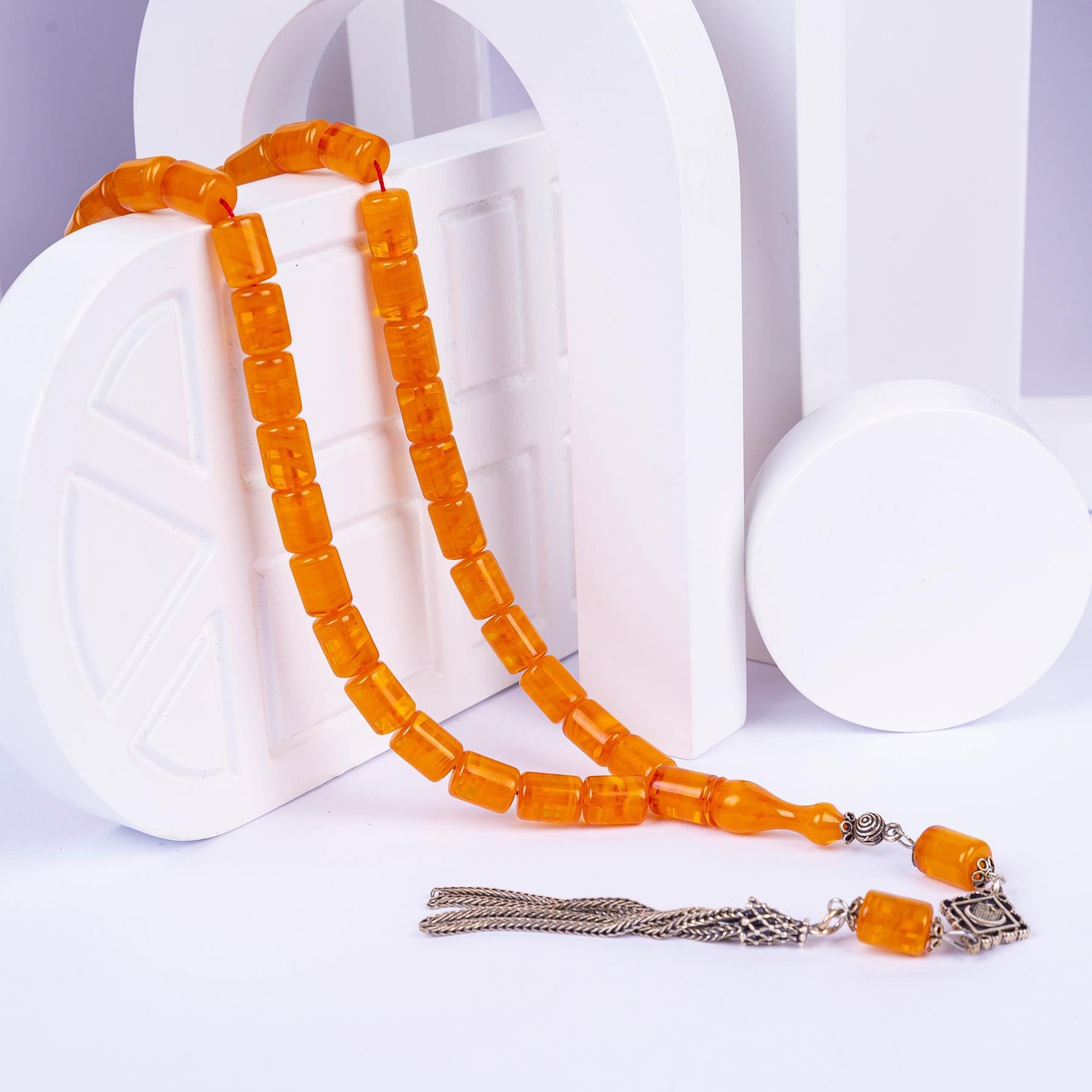 Ve Tesbih Silver Tasseled Capsule Crimped Amber Prayer Beads 1
