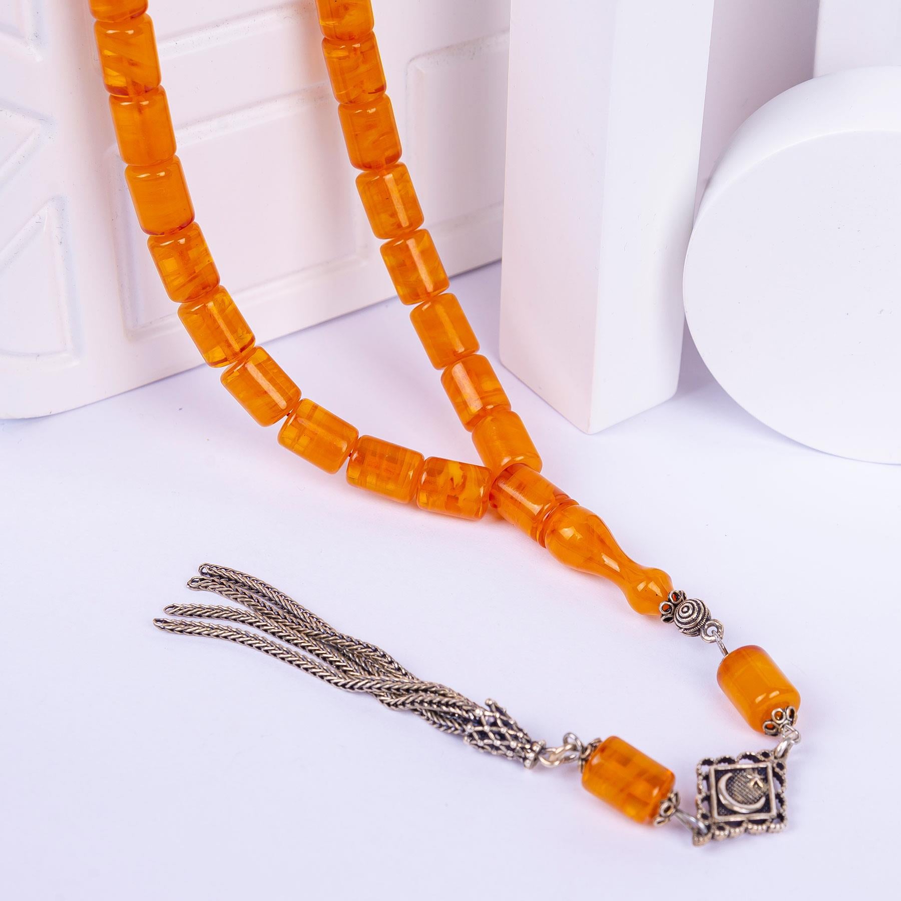 Ve Tesbih Silver Tasseled Capsule Crimped Amber Prayer Beads 3