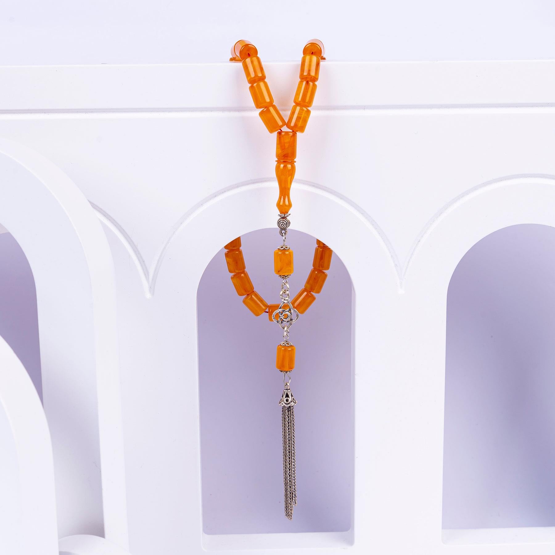 Ve Tesbih Silver Tasseled Capsule Crimped Amber Prayer Beads 2