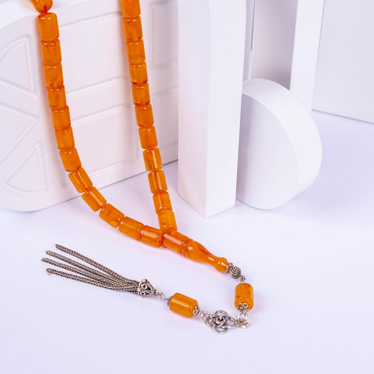 Ve Tesbih Silver Tasseled Capsule Crimped Amber Prayer Beads 3