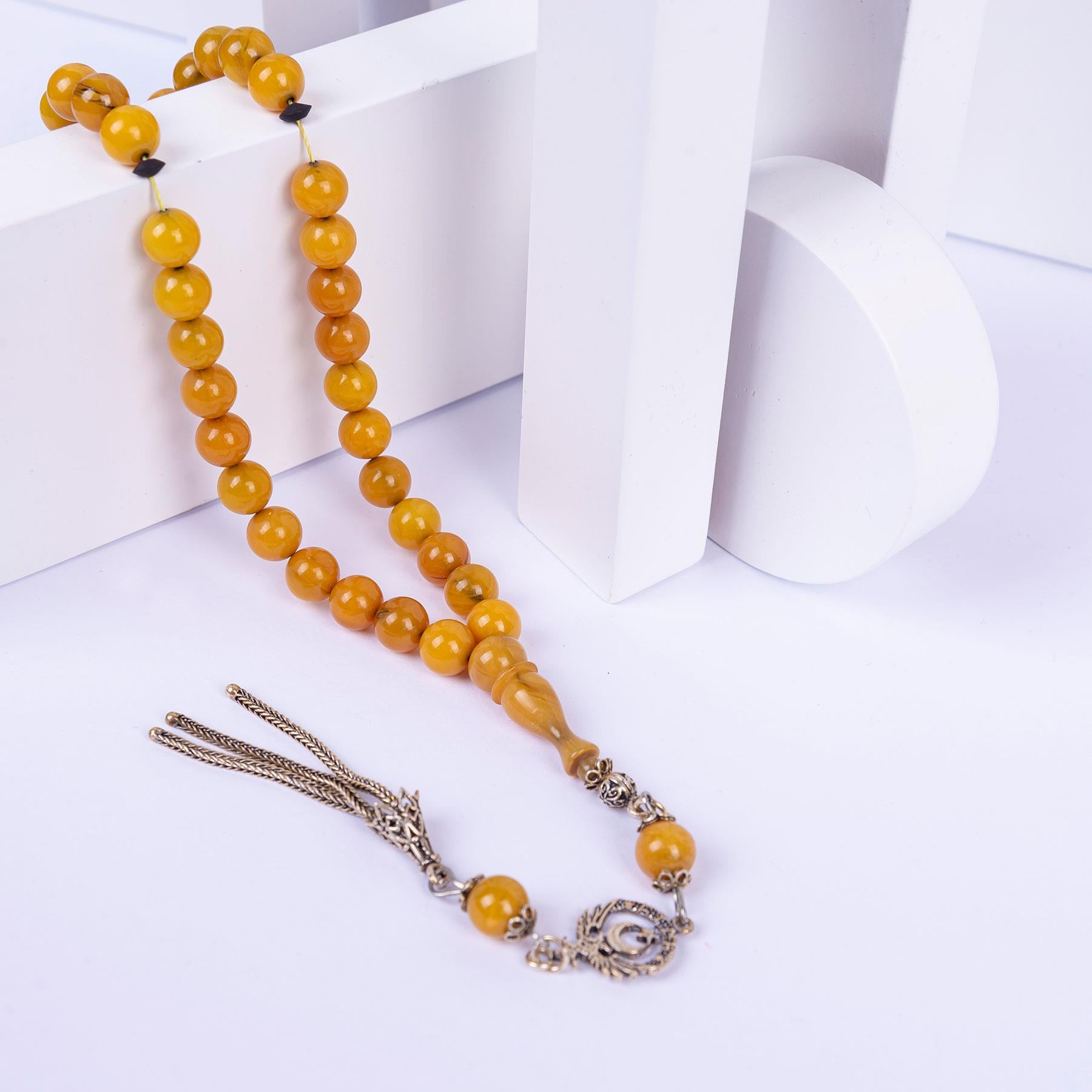 Ve Tesbih Sphere Cut Fire Amber Rosary with Silver Tassels 2
