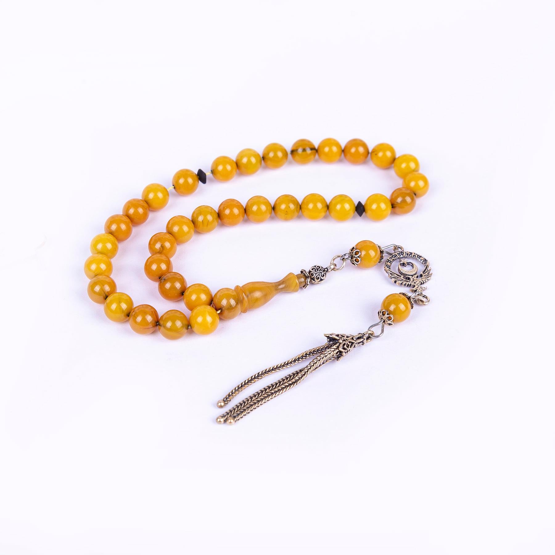 Ve Tesbih Sphere Cut Fire Amber Rosary with Silver Tassels 3