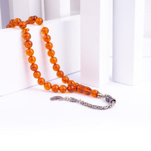 Sphere Cut Brown Polish Drop Amber Rosary with Silver Tassels 1