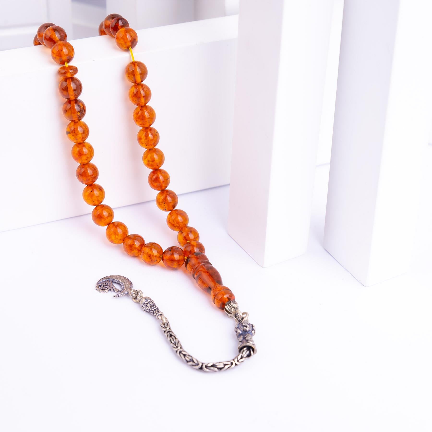 Sphere Cut Brown Polish Drop Amber Rosary with Silver Tassels 2