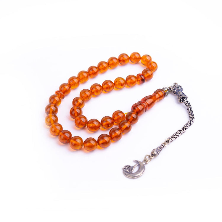 Sphere Cut Brown Polish Drop Amber Rosary with Silver Tassels 3