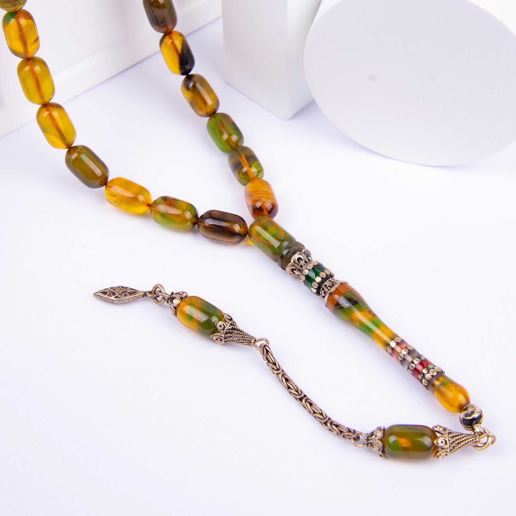 Silver Tasseled Nakkaş Imame Embroidered Capsule Model Fire Amber Rosary 3